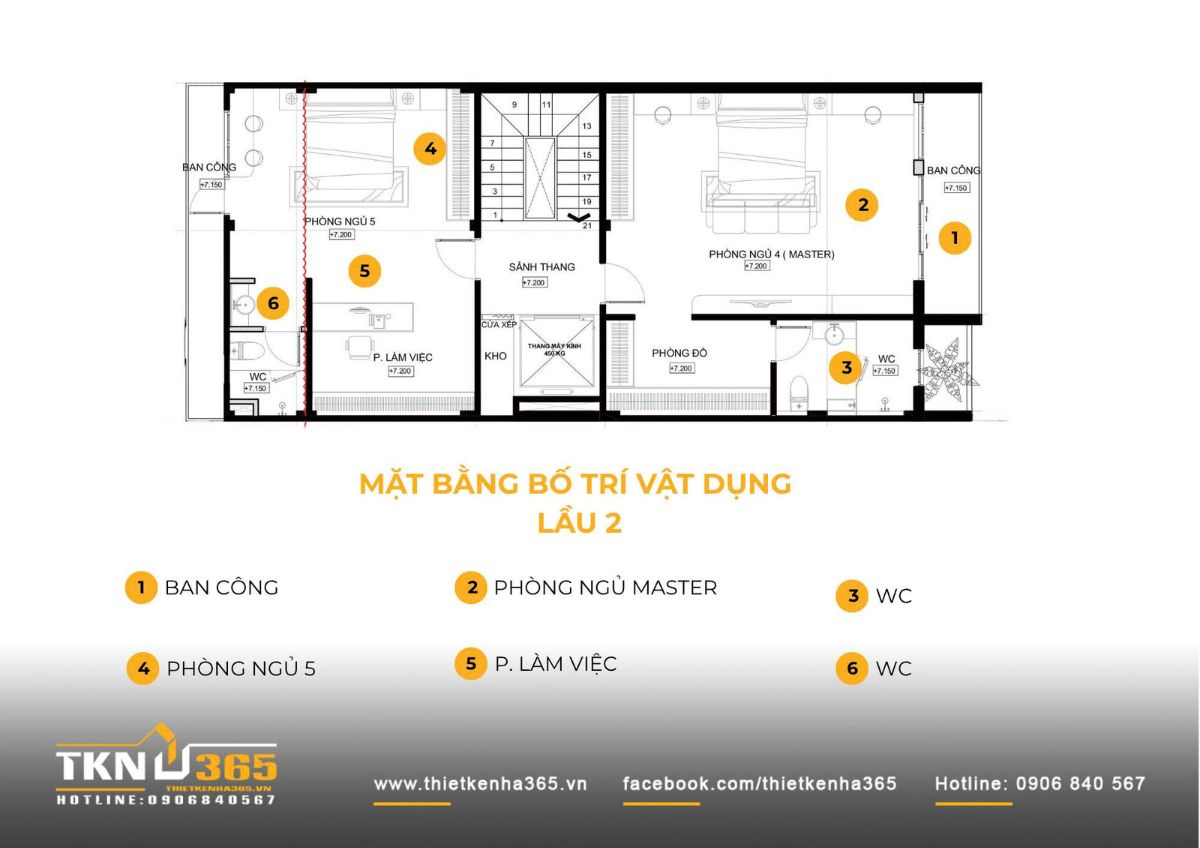 Mặt bằng lầu 2 nhà phố 4 tầng 7x13m tiếp tục phân chia linh hoạt giữa phòng ngủ và khu làm việc