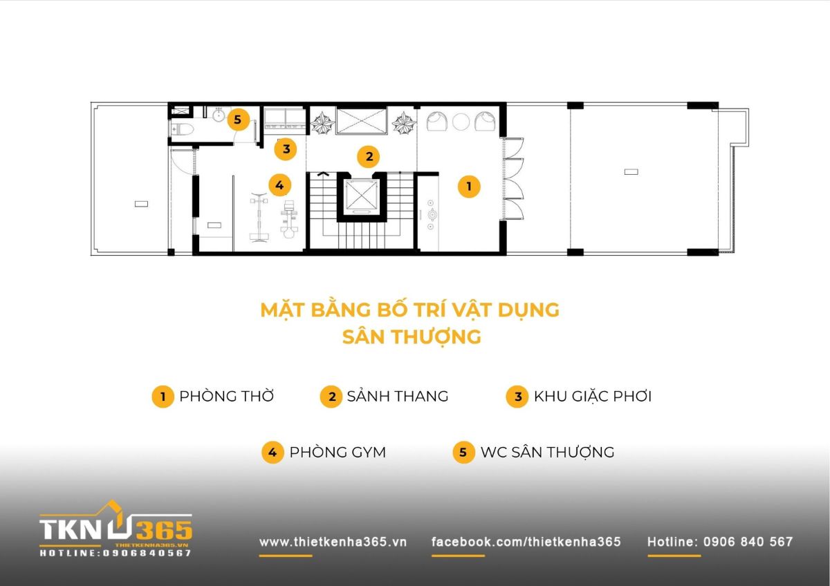 Sân thượng tích hợp phòng thờ, khu giặt phơi và phòng gym, không gian này vừa phục vụ kỹ thuật, vừa đáp ứng nhu cầu thư giãn