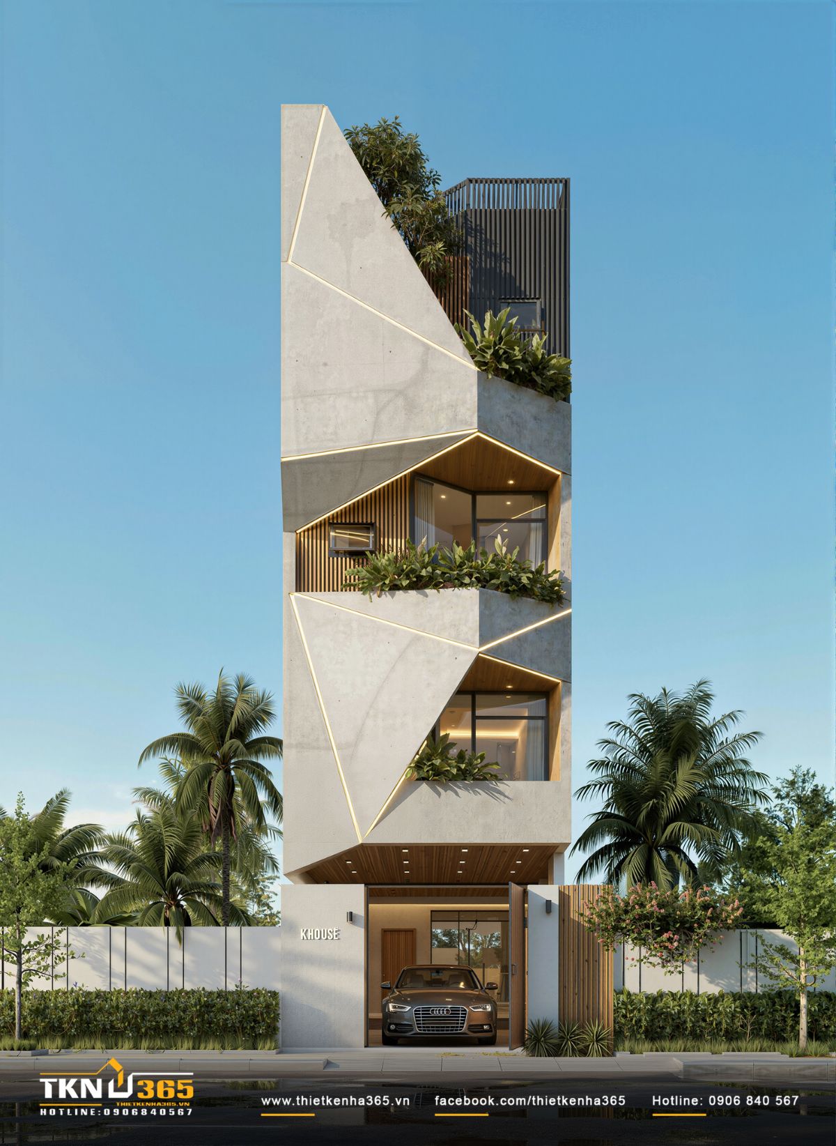 Mặt tiền nh&agrave; phố 5 tầng K&rsquo;S House nổi bật với h&igrave;nh khối gấp nếp v&agrave; c&aacute;c đường cắt xi&ecirc;n tạo chiều s&acirc;u kiến tr&uacute;c