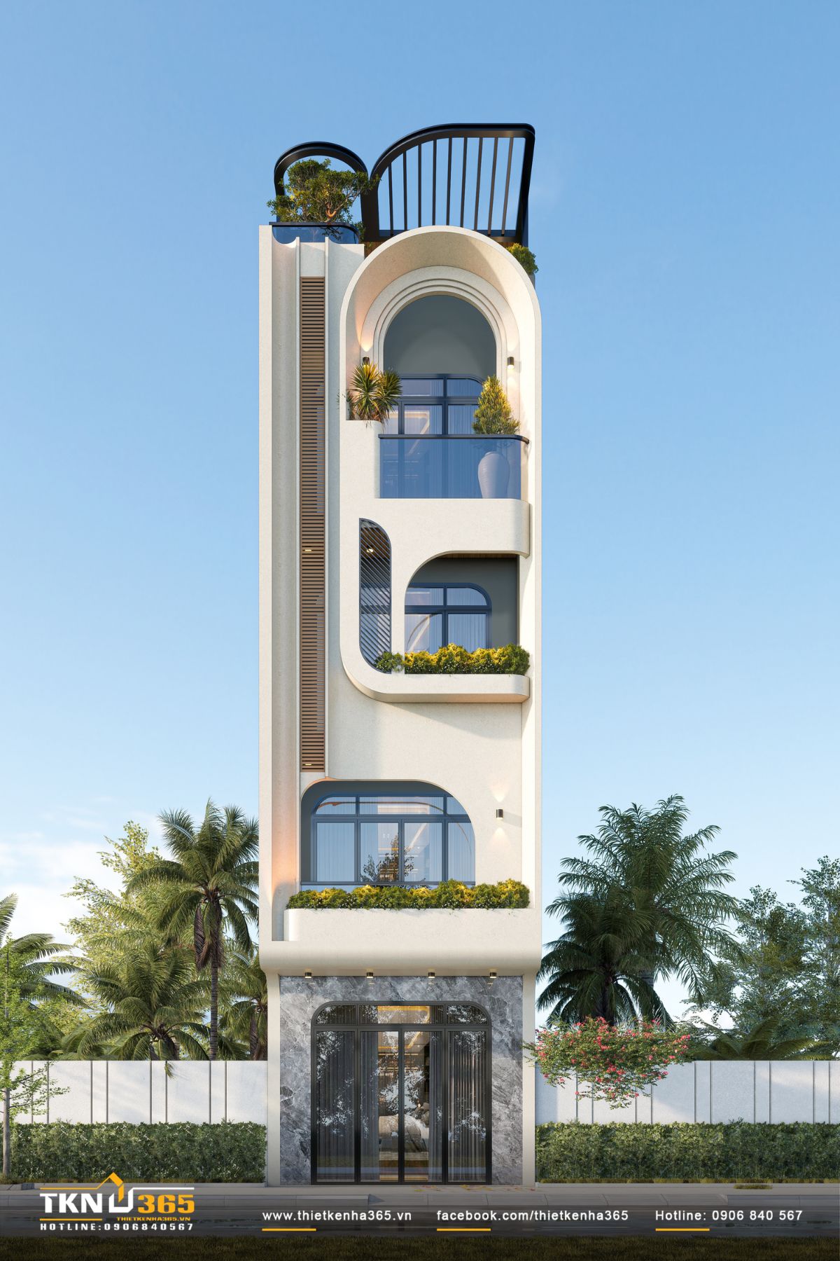 Mặt tiền nh&agrave; phố 5 tầng U&rsquo;S House nổi bật với hệ đường cong lớn, tạo cảm gi&aacute;c mềm mại v&agrave; c&oacute; chiều s&acirc;u theo từng lớp kh&ocirc;ng gian