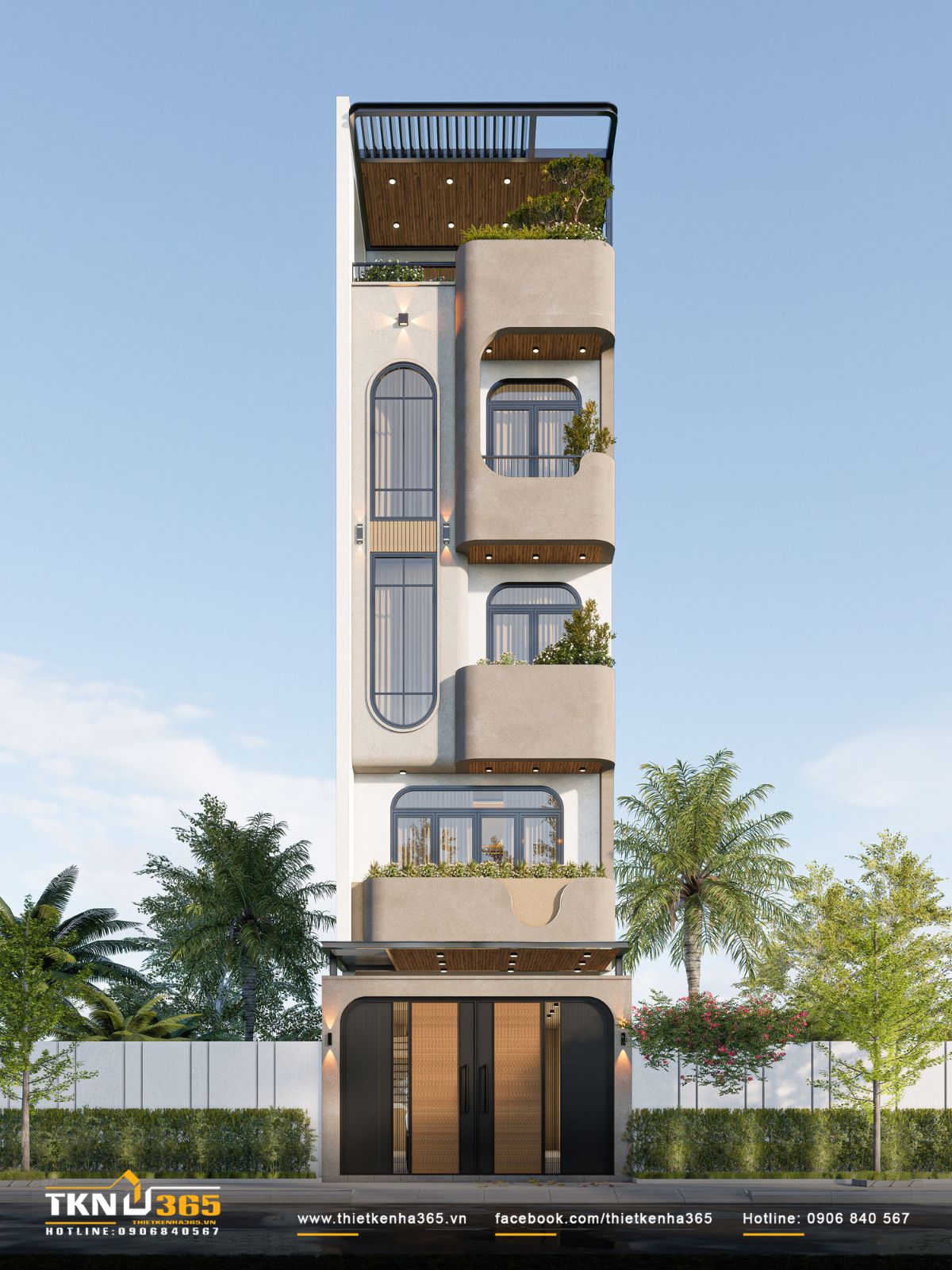 Mặt tiền nhà phố 5 tầng 4.3x13m thiết kế với mảng đặc - rỗng rõ ràng, tạo cảm giác nhẹ và thoáng cho tổng thể công trình