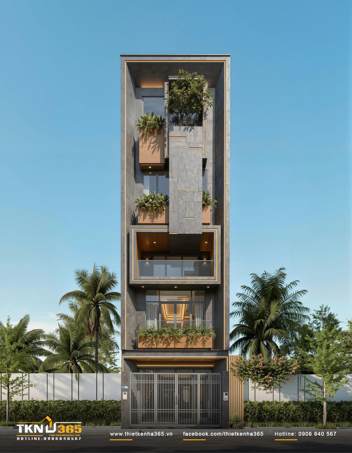 Mặt tiền nh&agrave; phố 5 tầng D&rsquo;S House nổi bật với t&ocirc;ng x&aacute;m trung t&iacute;nh v&agrave; đường n&eacute;t dứt kho&aacute;t, thể hiện r&otilde; c&aacute; t&iacute;nh kiến tr&uacute;c ngay từ c&aacute;i nh&igrave;n đầu ti&ecirc;n