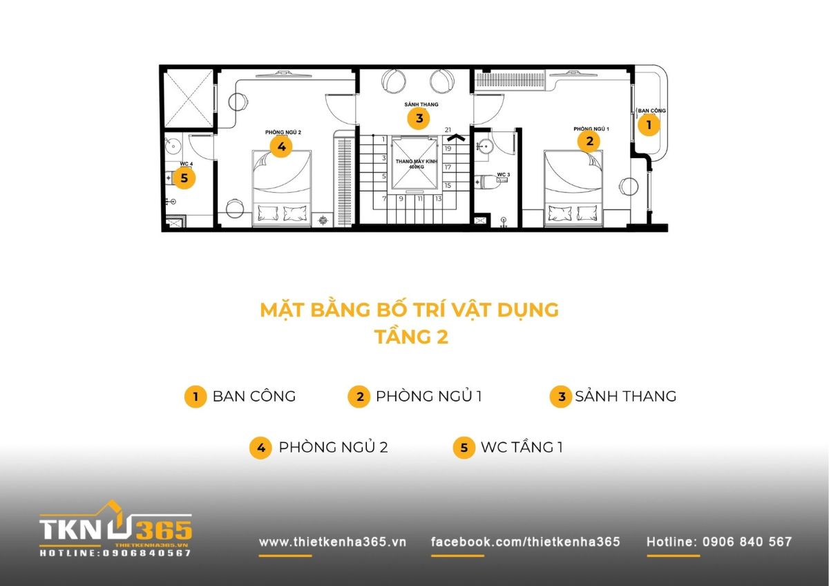 Mặt bằng tầng 2 nhà phố 5 tầng ưu tiên không gian nghỉ ngơi với hai phòng ngủ và ban công lấy sáng phía trước