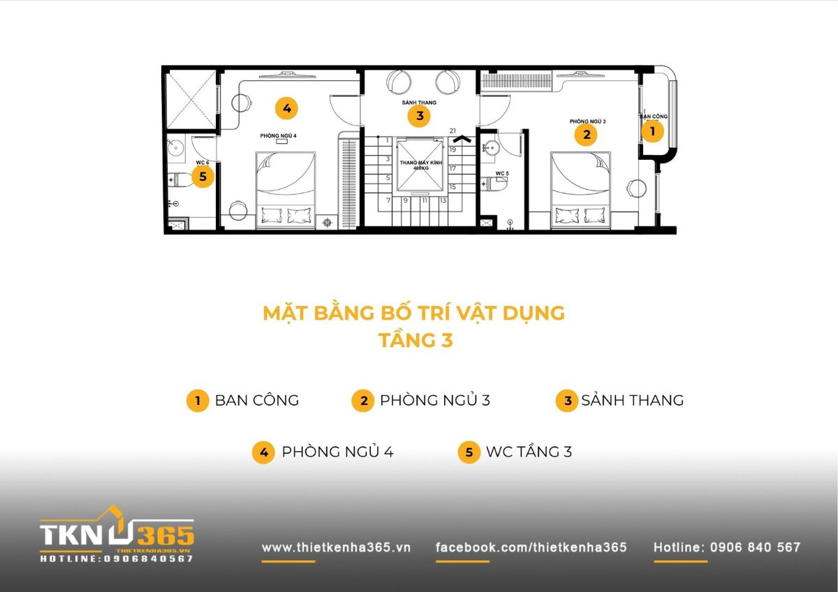 Mặt bằng tầng 3 nhà phố 5 tầng tiếp tục bố trí phòng ngủ, đảm bảo sự riêng tư và tách biệt giữa các khu vực