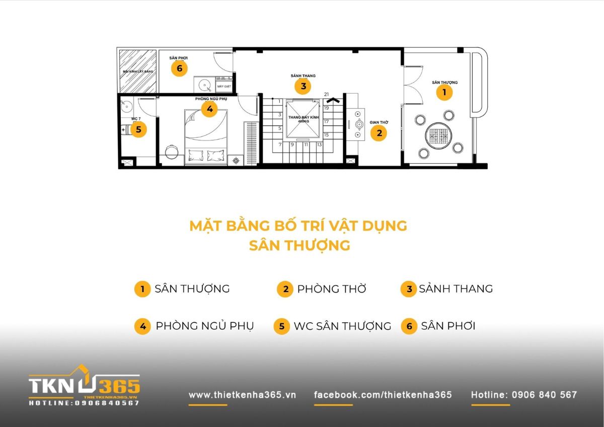 Mặt bằng sân thượng nhà phố 5 tầng gồm phòng thờ, sân thượng và sân phơi, tạo lớp không gian tĩnh ở tầng cao nhất