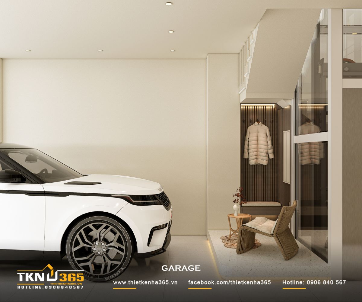 Gara nhà phố 5 tầng thiết kế tối giản với tông màu sáng, đảm bảo sự thông thoáng và thuận tiện di chuyển