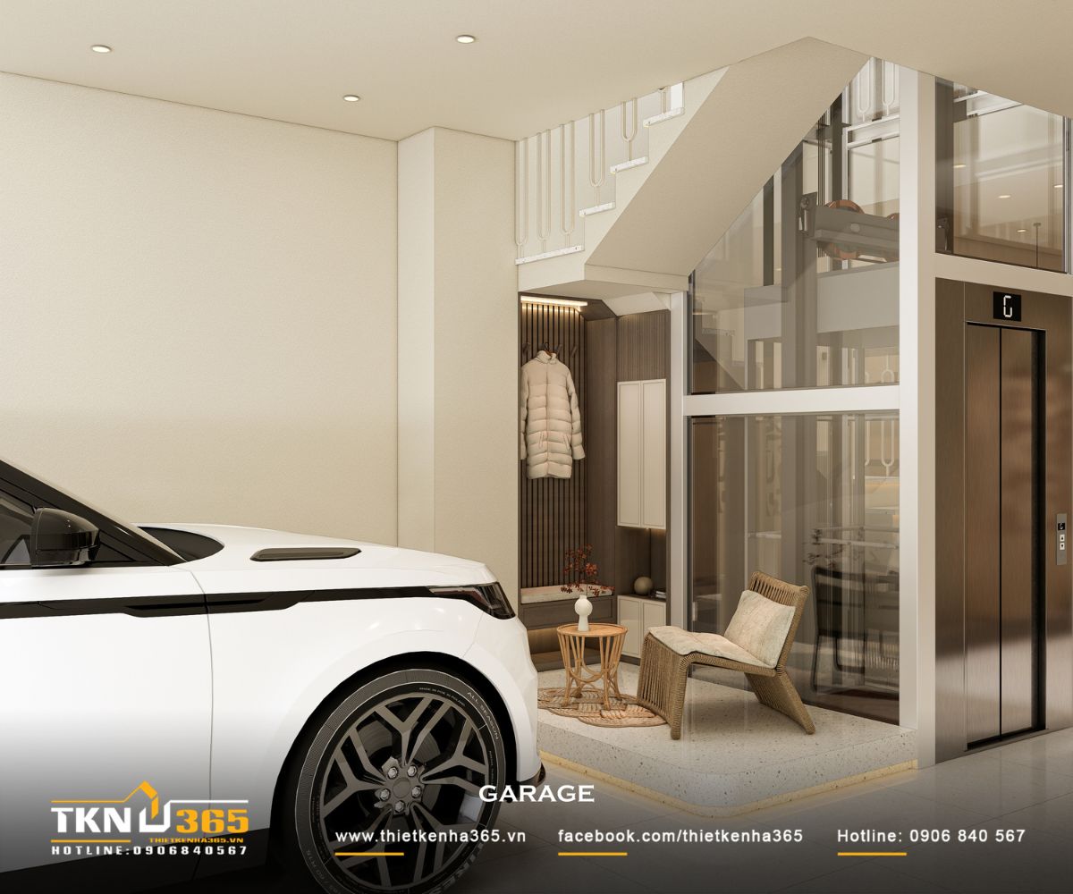 Không gian gara kết hợp góc thư giãn nhỏ giúp nhà phố 5 tầng tạo cảm giác mềm mại ngay từ lối vào