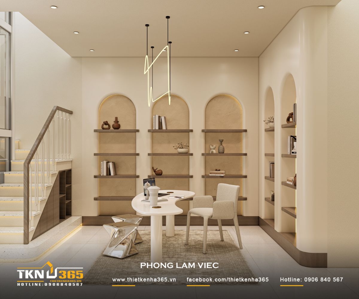 Góc làm việc trong nhà phố 5 tầng bố trí cạnh gara, tận dụng ánh sáng tự nhiên và không gian mở