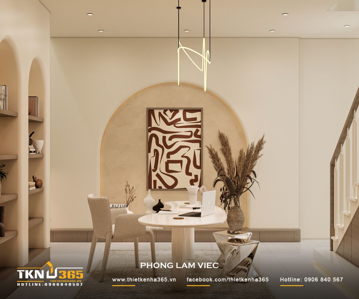 Thiết kế phòng làm việc sử dụng đường cong và kệ âm tường tạo điểm nhấn nhẹ nhàng