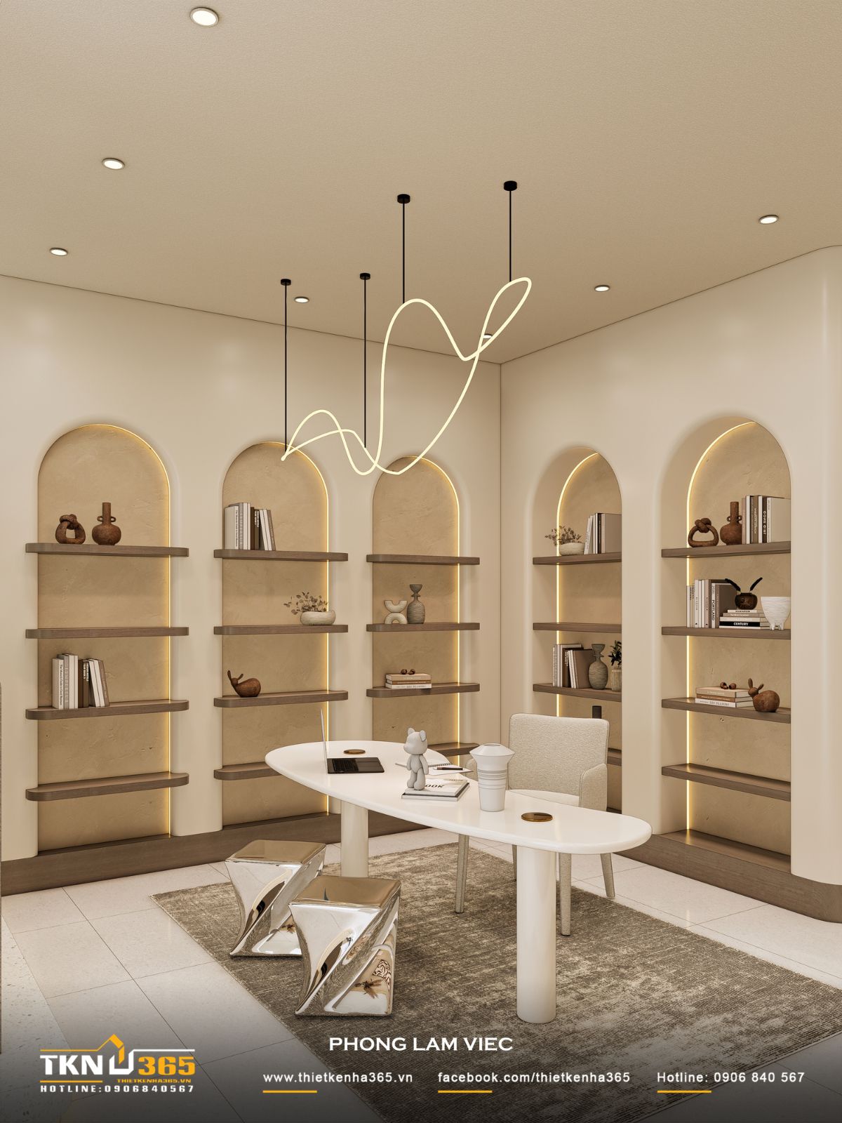 Bàn làm việc bo cong kết hợp ánh sáng hắt giúp không gian làm việc trong nhà phố 5 tầng trở nên dễ chịu