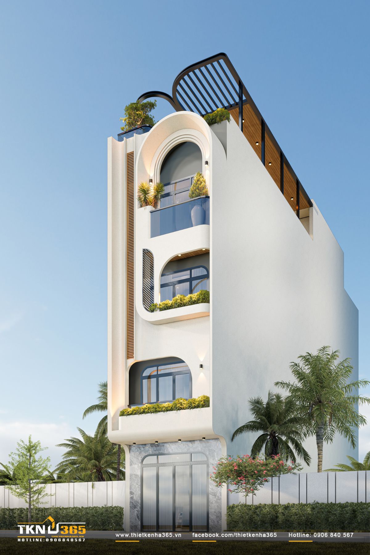 Sự c&acirc;n bằng giữa h&igrave;nh khối cong v&agrave; c&aacute;c mảng đặc - rỗng trong thiết kế nh&agrave; phố 5 tầng hiện đại