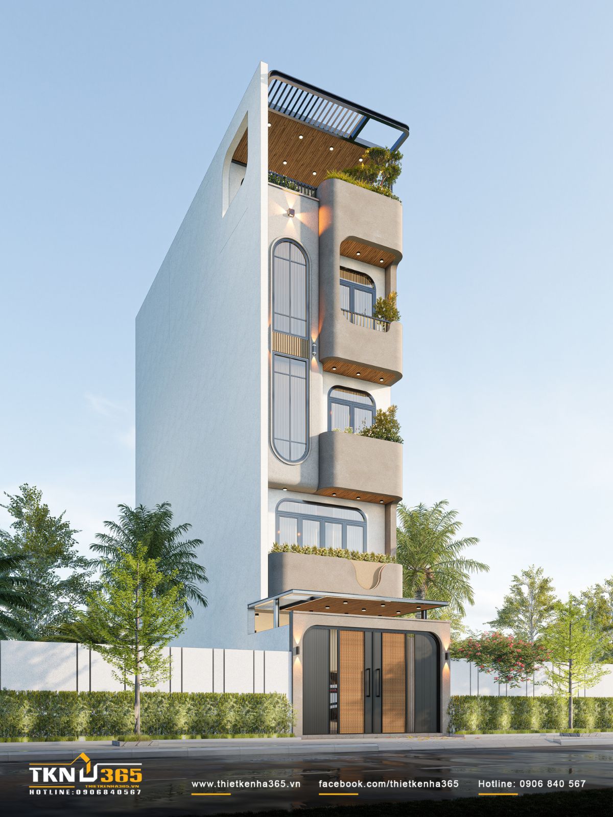 Nhà phố 5 tầng sử dụng đường cong ở ban công giúp giảm cảm giác khối đứng cao tầng