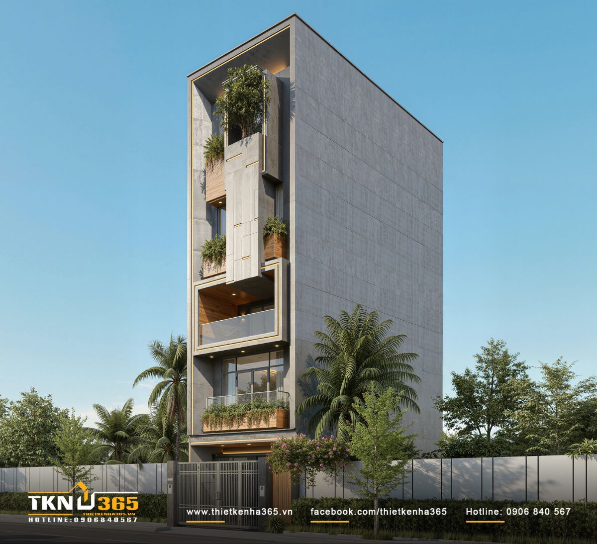 Nh&agrave; phố 5 tầng được tổ chức h&igrave;nh khối chặt chẽ, c&aacute;c mảng đặc - rỗng đan xen tạo chiều s&acirc;u thị gi&aacute;c