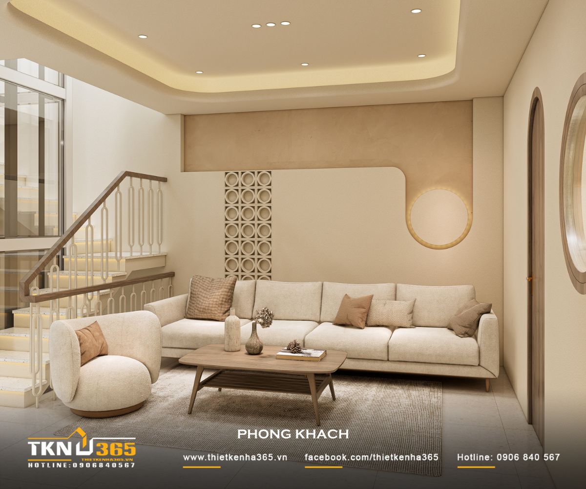 Không gian phòng khách sử dụng đường cong lặp lại ở tường và trần, hình thành nhịp điệu thị giác mềm mại