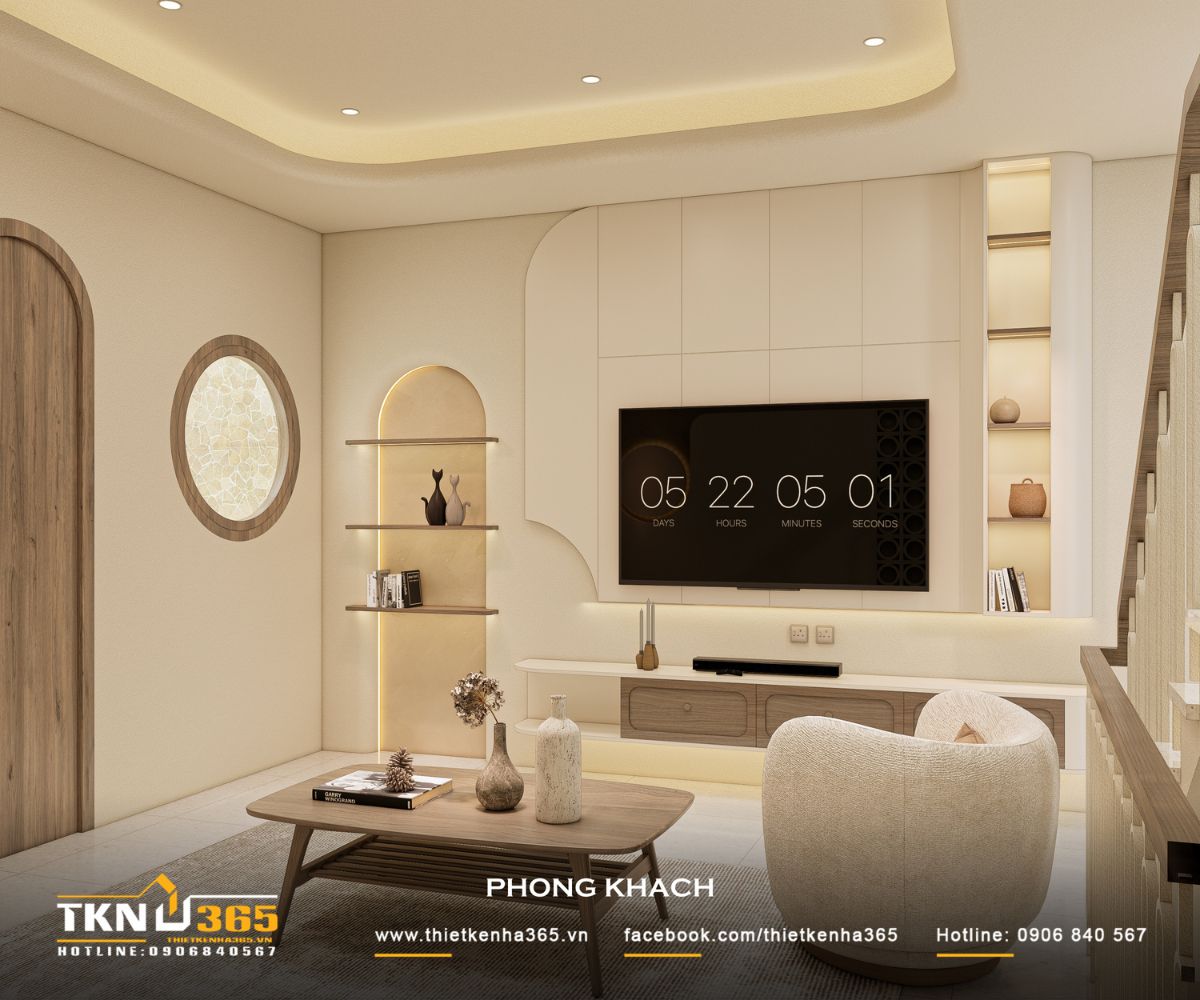 Phòng khách nhà phố 5 tầng cho thấy sự liên kết giữa nội thất, ánh sáng và vật liệu trong một tổng thể thống nhất