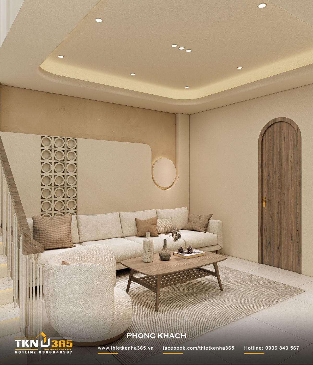 Khu vực sofa phòng khách nhà phố 5 tầng bố trí gọn gàng, tối ưu diện tích nhưng vẫn đảm bảo sự thoải mái