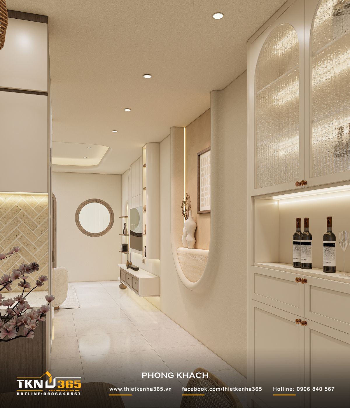 Lối giao thông cạnh phòng khách nhà phố 5 tầng kết hợp tủ trang trí và ánh sáng, tạo sự chuyển tiếp mềm mại giữa các không gian