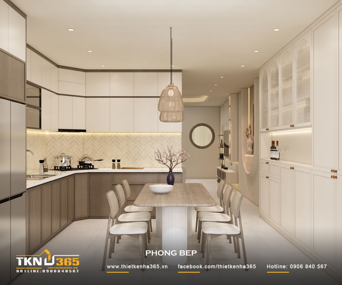 Phòng bếp nhà phố 5 tầng thiết kế dạng chữ L gọn gàng, tối ưu công năng và diện tích sử dụng