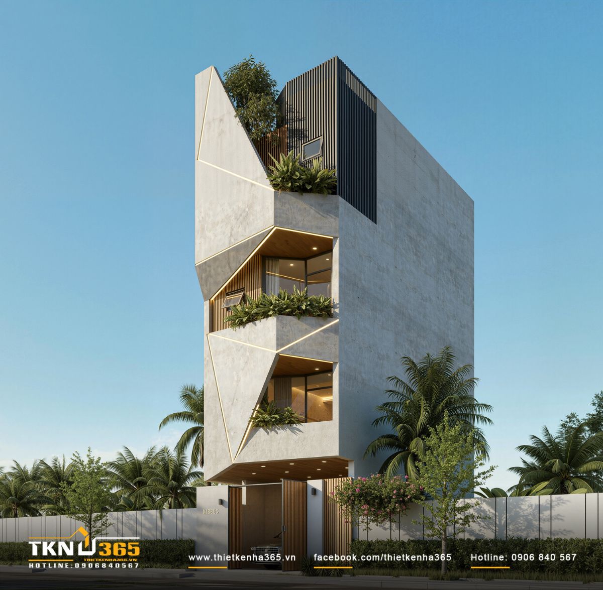 H&igrave;nh khối mặt tiền gấp nếp gi&uacute;p c&ocirc;ng tr&igrave;nh thanh tho&aacute;t hơn, giảm cảm gi&aacute;c cao v&agrave; đơn điệu của nh&agrave; phố 5 tầng