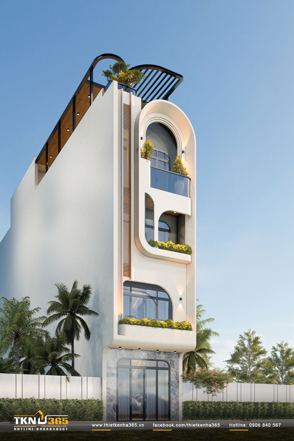 Ban c&ocirc;ng bo tr&ograve;n kết hợp c&acirc;y xanh gi&uacute;p nh&agrave; phố 5 tầng giảm bức xạ trực tiếp, đồng thời tạo lớp đệm vi kh&iacute; hậu tự nhi&ecirc;n