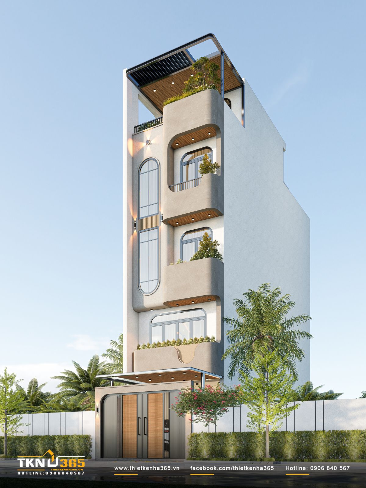 Hệ ban công lệch tầng kết hợp cây xanh giúp nhà phố 5 tầng tăng độ mở và cải thiện vi khí hậu