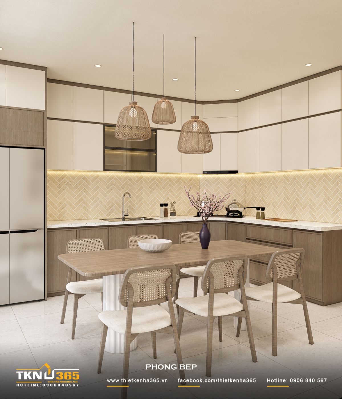 Bàn ăn gỗ kết hợp đèn thả nhẹ nhàng tạo điểm nhấn ấm áp cho khu vực ăn uống trong nhà phố 5 tầng