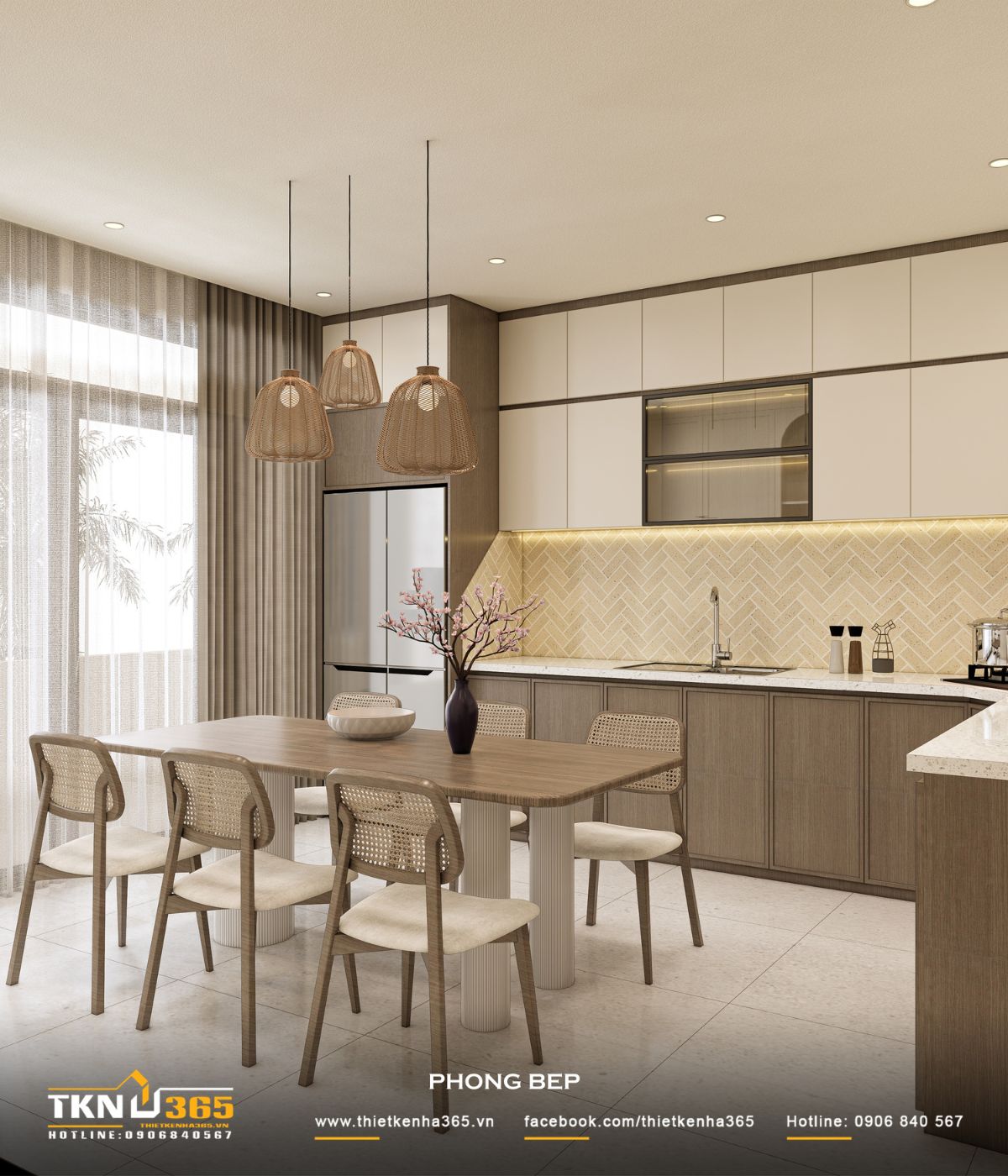 Phòng bếp - ăn tận dụng hệ cửa kính lớn để đón ánh sáng tự nhiên, giúp không gian luôn sáng thoáng và dễ chịu