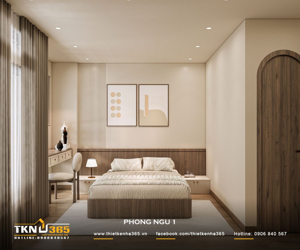 Phòng ngủ 1 trong nhà phố 5 tầng sử dụng bảng màu kem, be và gỗ sáng để tạo cảm giác nghỉ ngơi nhẹ nhàng, ổn định