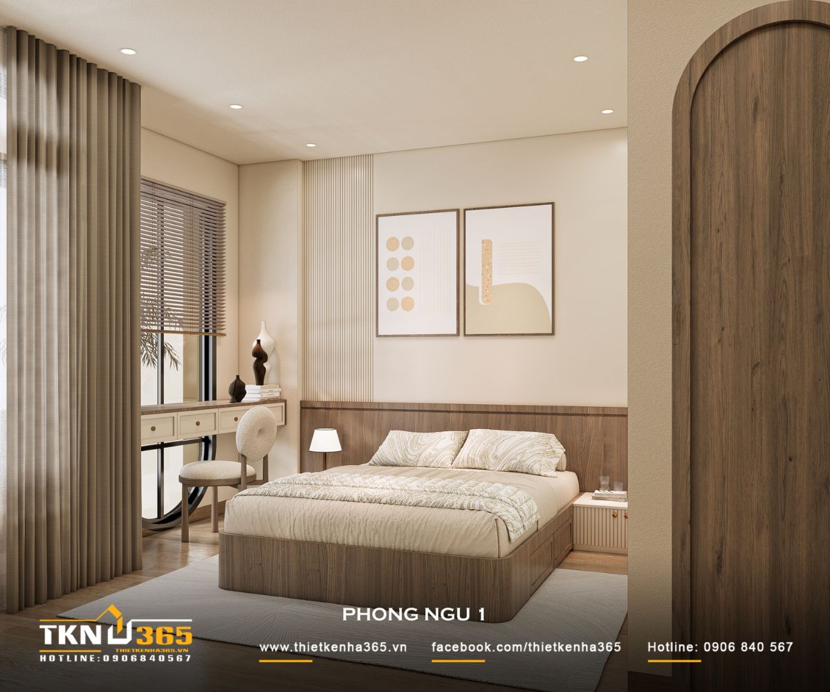 Phòng ngủ 1 bố trí thêm bàn làm việc nhỏ cạnh cửa sổ, vừa đón sáng tự nhiên vừa giữ sự yên tĩnh cần thiết