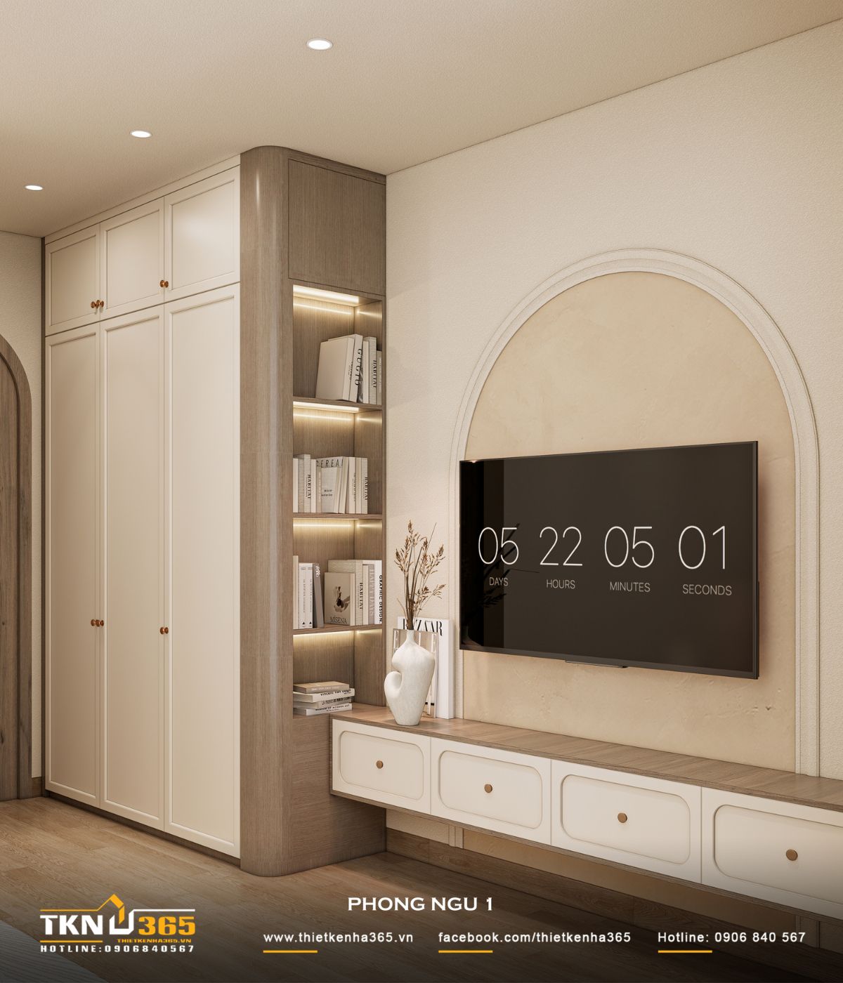 Mảng tường bo vòm kết hợp hệ kệ mở có đèn hắt giúp phòng ngủ 1 tăng chiều sâu thị giác mà không cần nhiều chi tiết trang trí