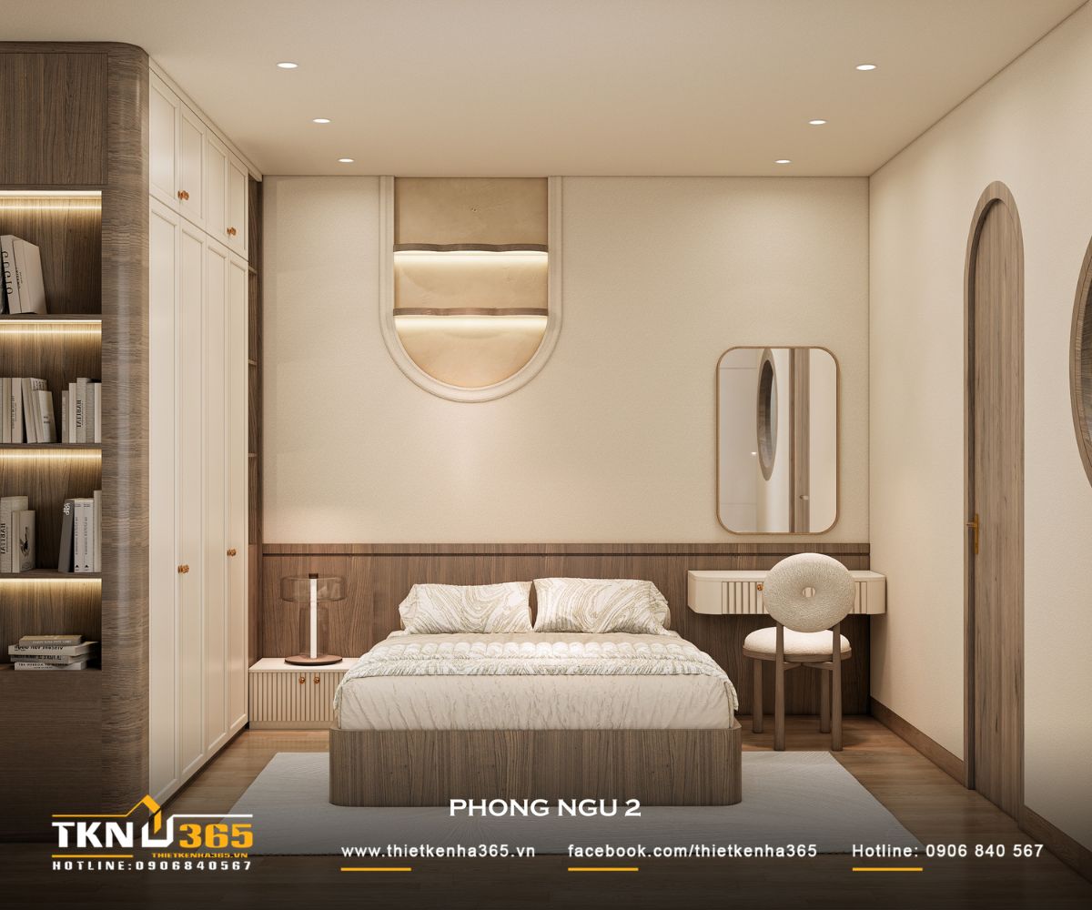Phòng ngủ 2 trong nhà phố 5 tầng sử dụng chi tiết vòm âm tường kết hợp đèn hắt, tạo điểm nhấn nhẹ nhàng và tăng chiều sâu cho không gian nghỉ ngơi
