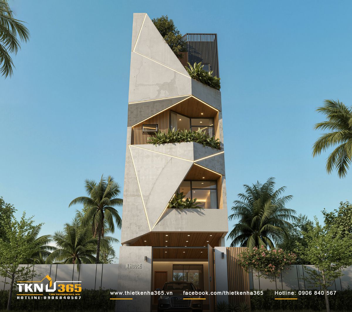 C&aacute;c đường cắt &aacute;nh s&aacute;ng kết hợp vật liệu b&ecirc; t&ocirc;ng v&agrave; gỗ tạo n&ecirc;n nhịp chuyển thị gi&aacute;c đặc trưng cho nh&agrave; phố 5 tầng K&rsquo;S House