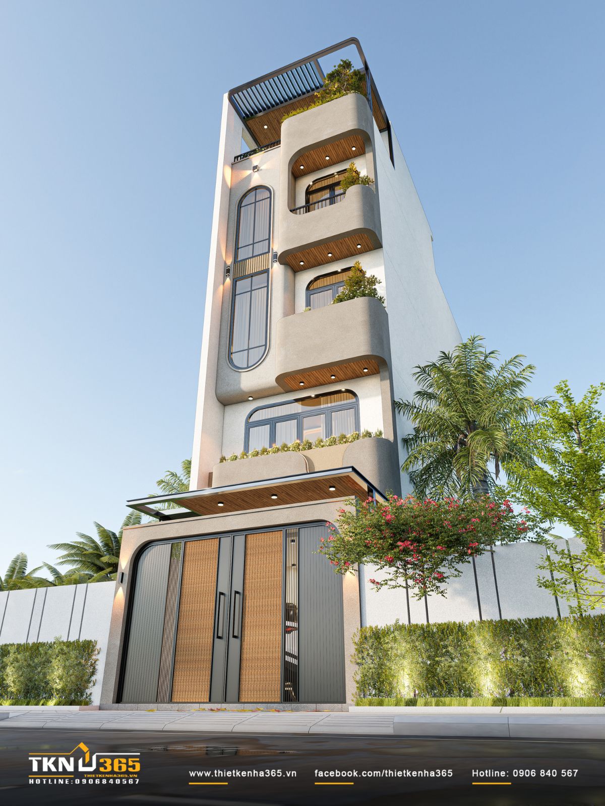 Tầng trệt nhà phố 5 tầng bố trí mái đua và cửa lớn, tạo lớp đệm chuyển tiếp giữa trong và ngoài