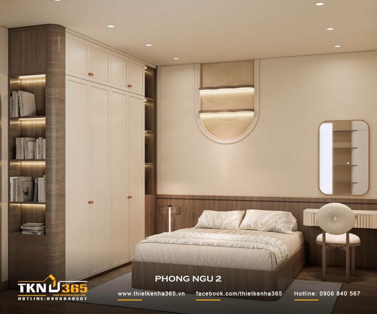 Hệ tủ quần áo kịch trần kết hợp kệ mở tích hợp đèn LED giúp phòng ngủ 2 tối ưu lưu trữ nhưng vẫn giữ được sự gọn gàng