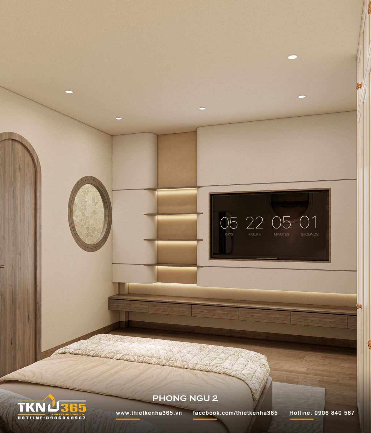 Mảng tường tivi thiết kế liền khối với kệ ngang và ánh sáng gián tiếp, mang lại cảm giác ấm áp và cân bằng thị giác