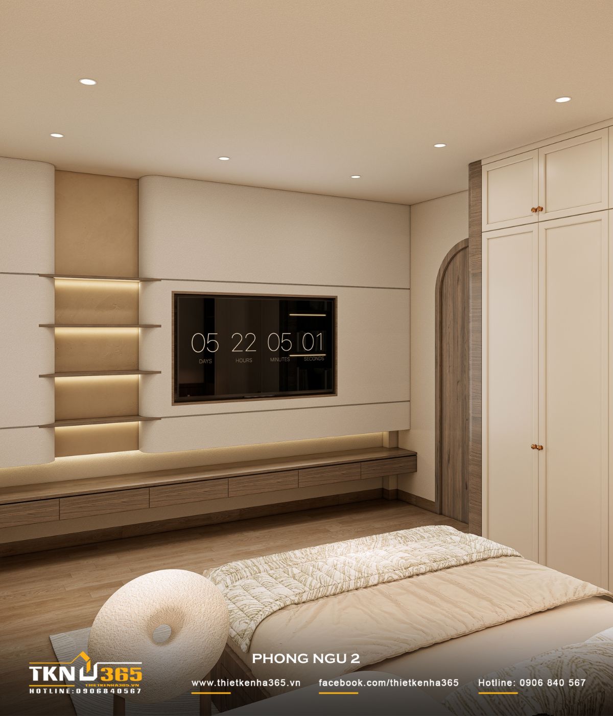 Không gian phòng ngủ 2 xử lý đồng bộ từ vật liệu gỗ đến màu sắc trung tính, tạo nên tổng thể yên tĩnh và dễ chịu cho sinh hoạt hàng ngày