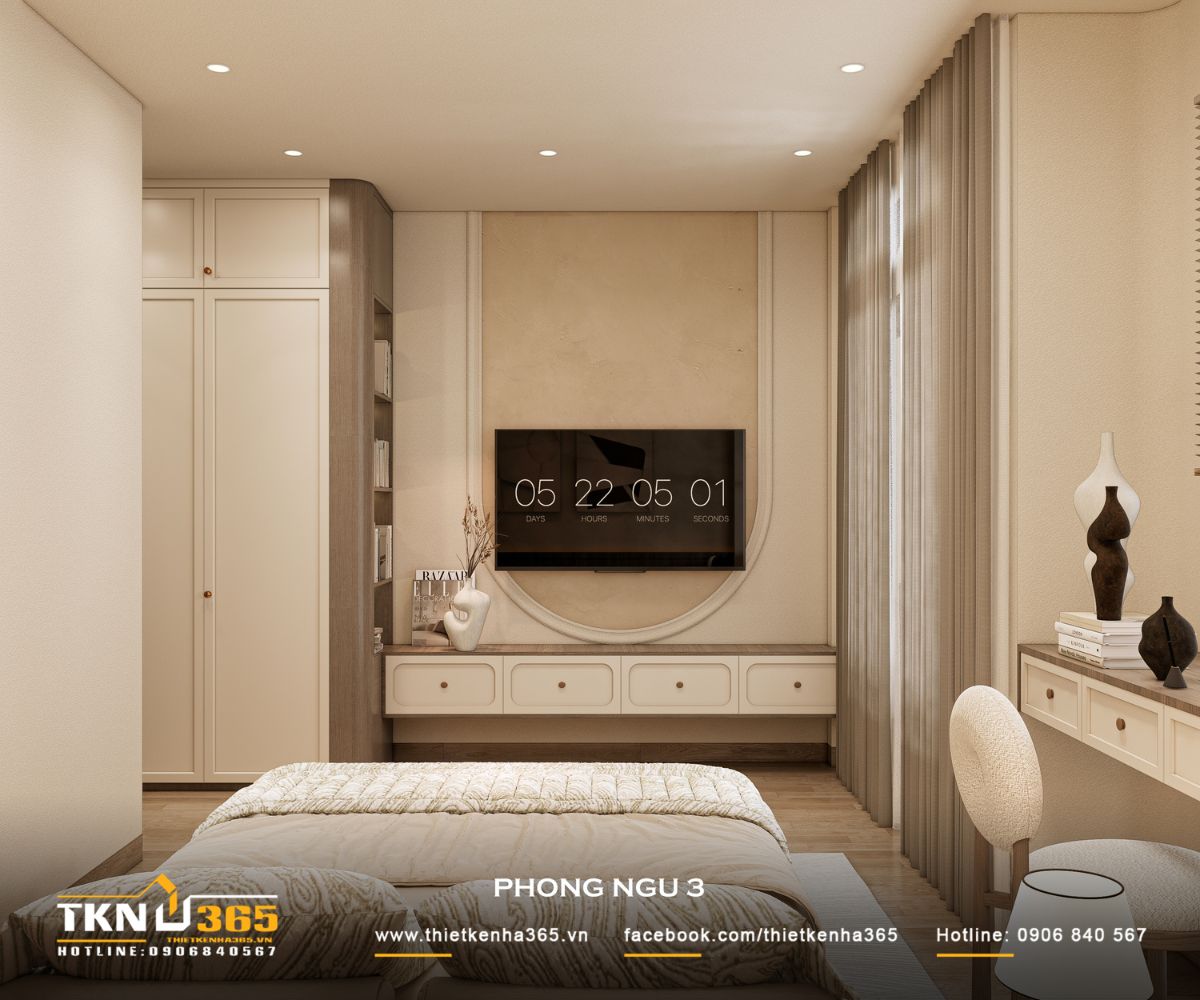 Hệ tủ, kệ, bàn làm việc bố trí liên tục, giúp không gian phòng ngủ 3 vận hành gọn gàng và thuận tiện