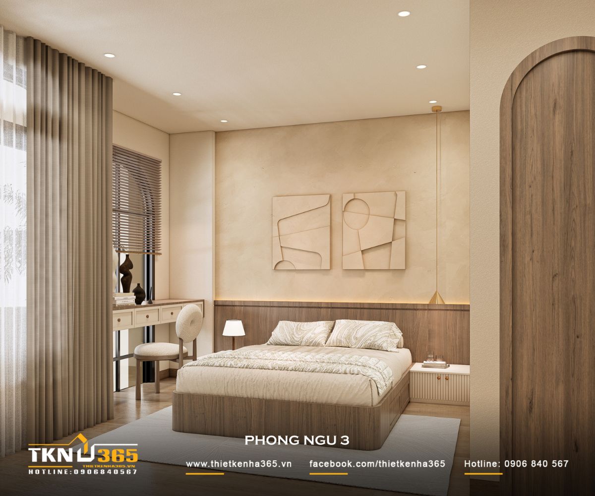 Ánh sáng tự nhiên được kiểm soát qua lớp rèm hai lớp, giúp phòng ngủ 3 luôn duy trì trạng thái dịu nhẹ, phù hợp cho nghỉ ngơi