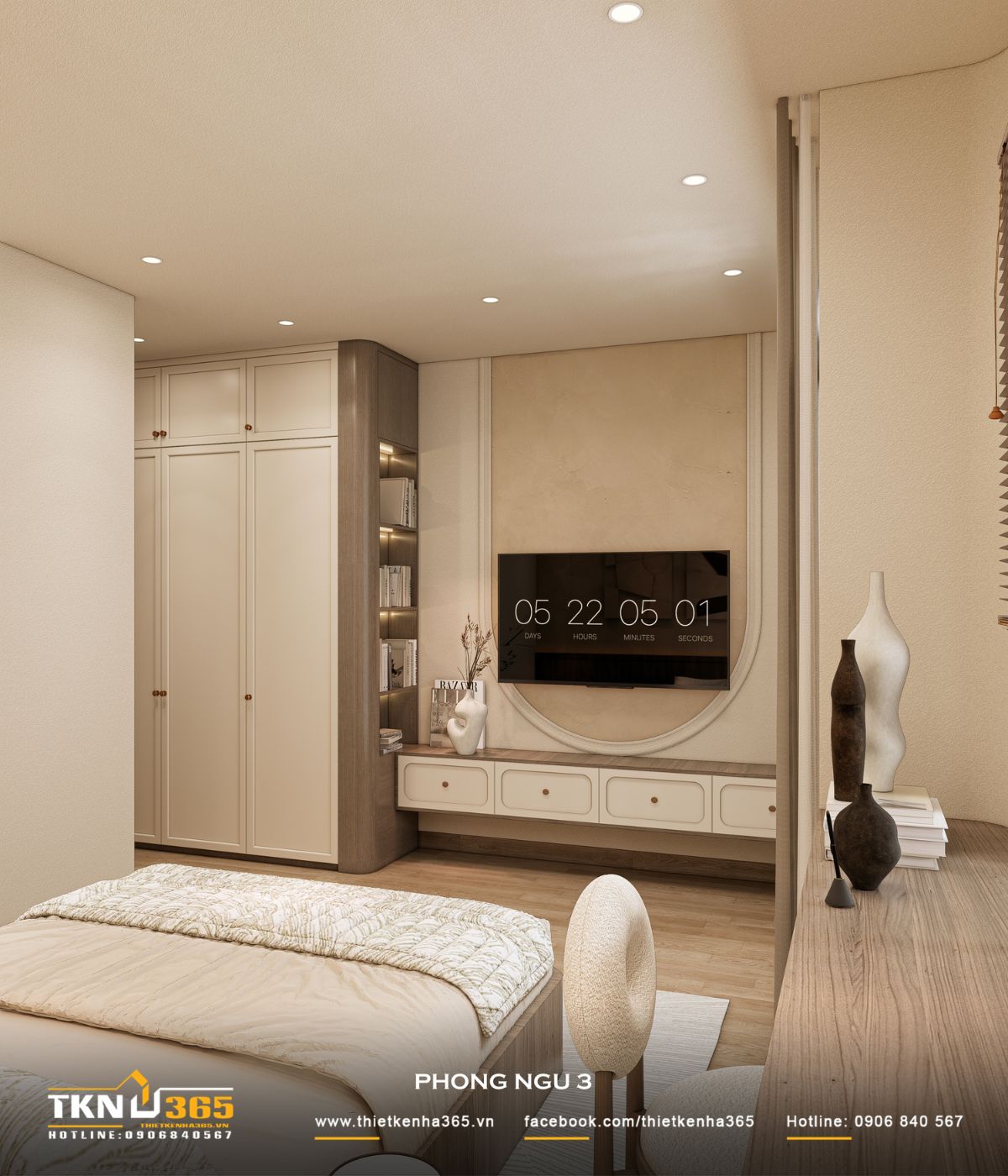 Mảng tường tivi bo cong kết hợp hệ kệ và tủ lưu trữ âm tạo nên tổng thể liền mạch, hạn chế chi tiết rời rạc trong không gian phòng ngủ 3