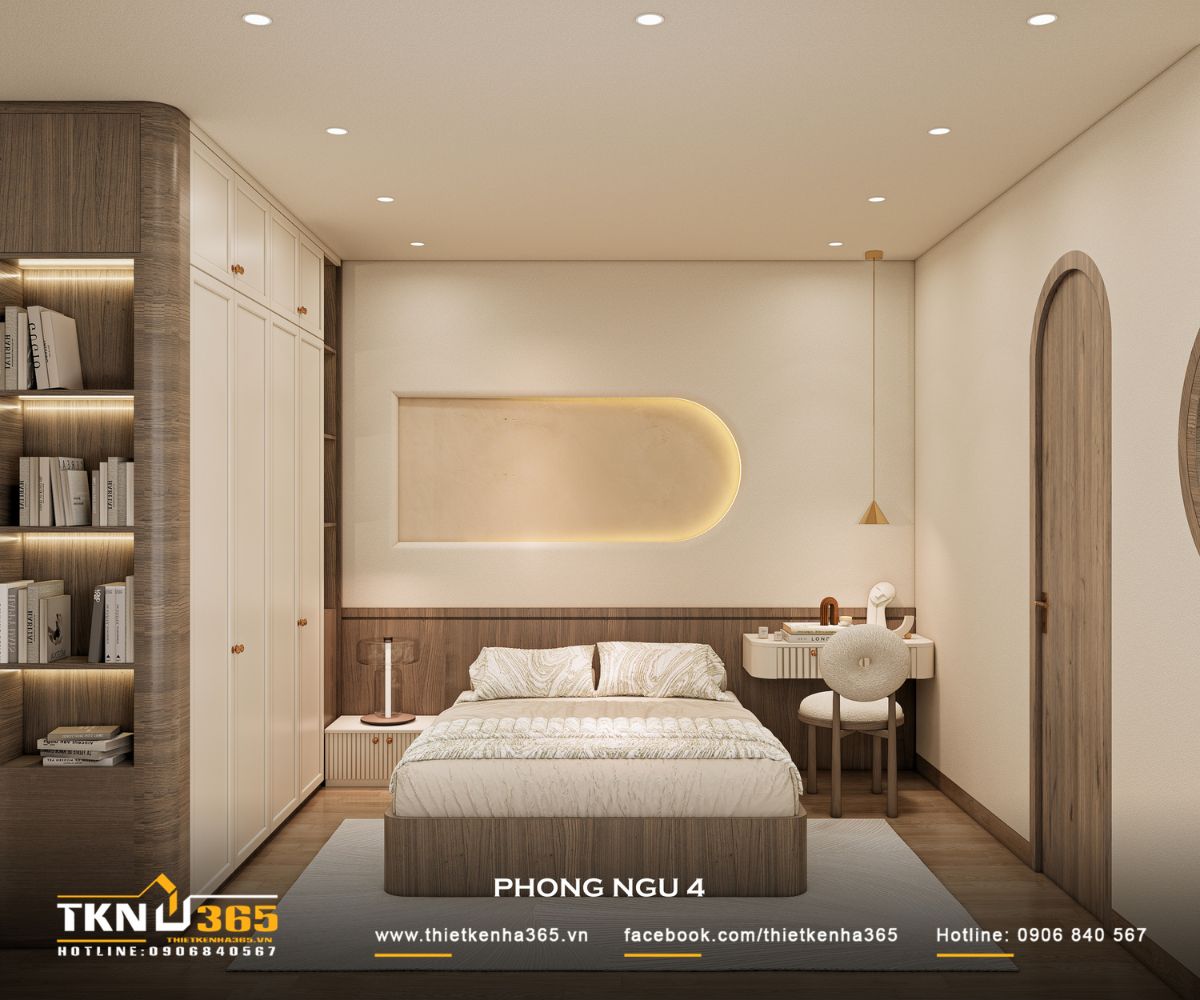 Phòng ngủ 4 trong nhà phố 5 tầng tạo điểm nhấn bằng hốc tường bo cong tích hợp đèn hắt, mang lại cảm giác mềm mại và ấm áp cho khu vực đầu giường