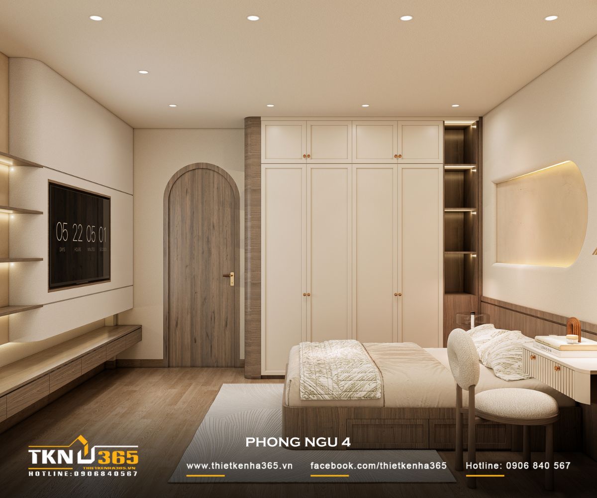Phòng ngủ 4 kết hợp hài hòa giữa khu vực nghỉ ngơi và hệ tủ lưu trữ lớn, giúp không gian luôn gọn gàng và tiện dụng