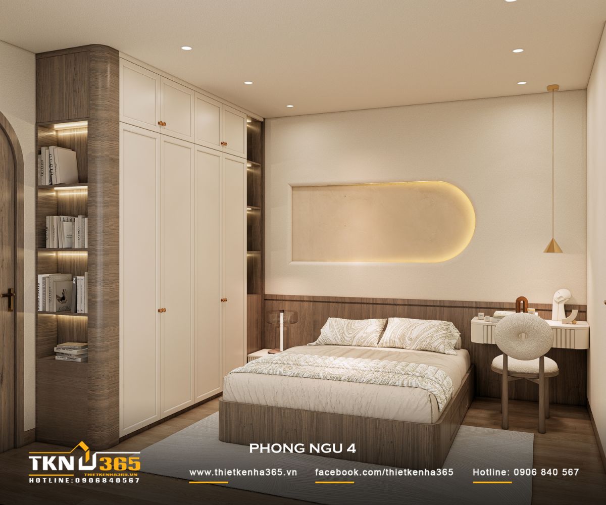 Hệ kệ mở kết hợp tủ áo kịch trần được bố trí liền mạch, tối ưu công năng lưu trữ mà vẫn giữ sự nhẹ nhàng trong tổng thể thiết kế