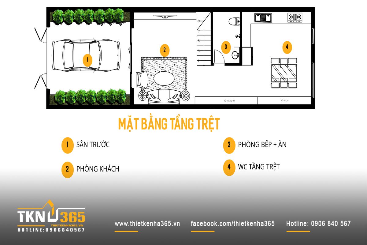 Mặt bằng tầng trệt nh&agrave; phố 5 tầng 5x18m bố tr&iacute; mạch lạc với s&acirc;n trước, ph&ograve;ng kh&aacute;ch v&agrave; bếp - ăn li&ecirc;n th&ocirc;ng