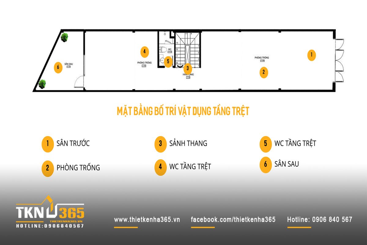 Mặt bằng tầng trệt nh&agrave; phố 5 tầng tổ chức với s&acirc;n trước - l&otilde;i thang - s&acirc;n sau, tạo d&ograve;ng lưu th&ocirc;ng r&otilde; r&agrave;ng v&agrave; đảm bảo th&ocirc;ng tho&aacute;ng tự nhi&ecirc;n