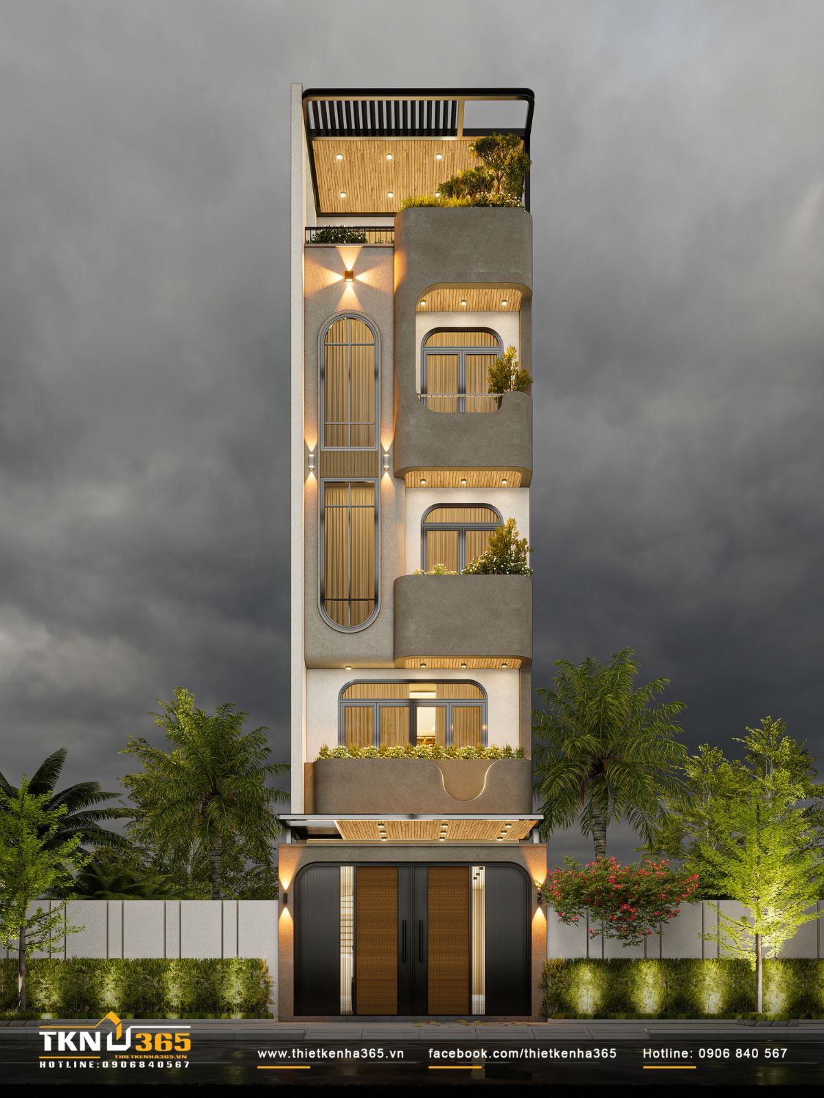 Mặt tiền nhà phố 5 tầng về đêm nổi bật với ánh sáng hắt, làm rõ các đường cong và chiều sâu vật liệu