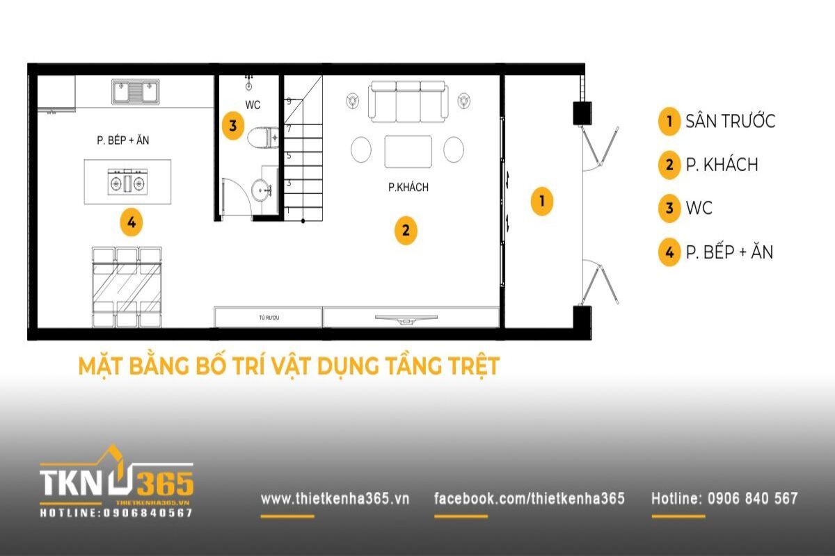 Mặt bằng tầng trệt nh&agrave; phố 5 tầng được tổ chức liền mạch từ s&acirc;n trước đến ph&ograve;ng kh&aacute;ch v&agrave; bếp, đảm bảo d&ograve;ng chảy sinh hoạt tự nhi&ecirc;n