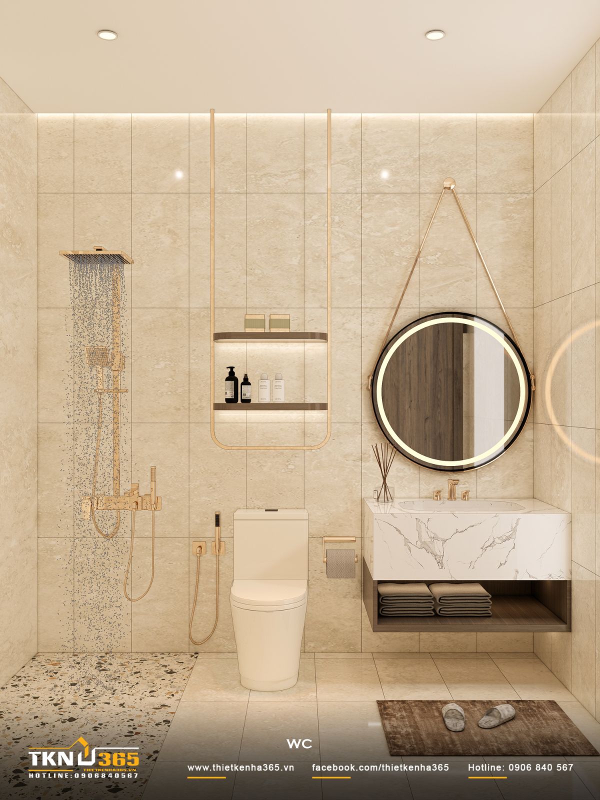 Không gian vệ sinh sử dụng vật liệu sáng màu kết hợp chi tiết kim loại ánh vàng, tạo cảm giác sạch sẽ và tinh tế