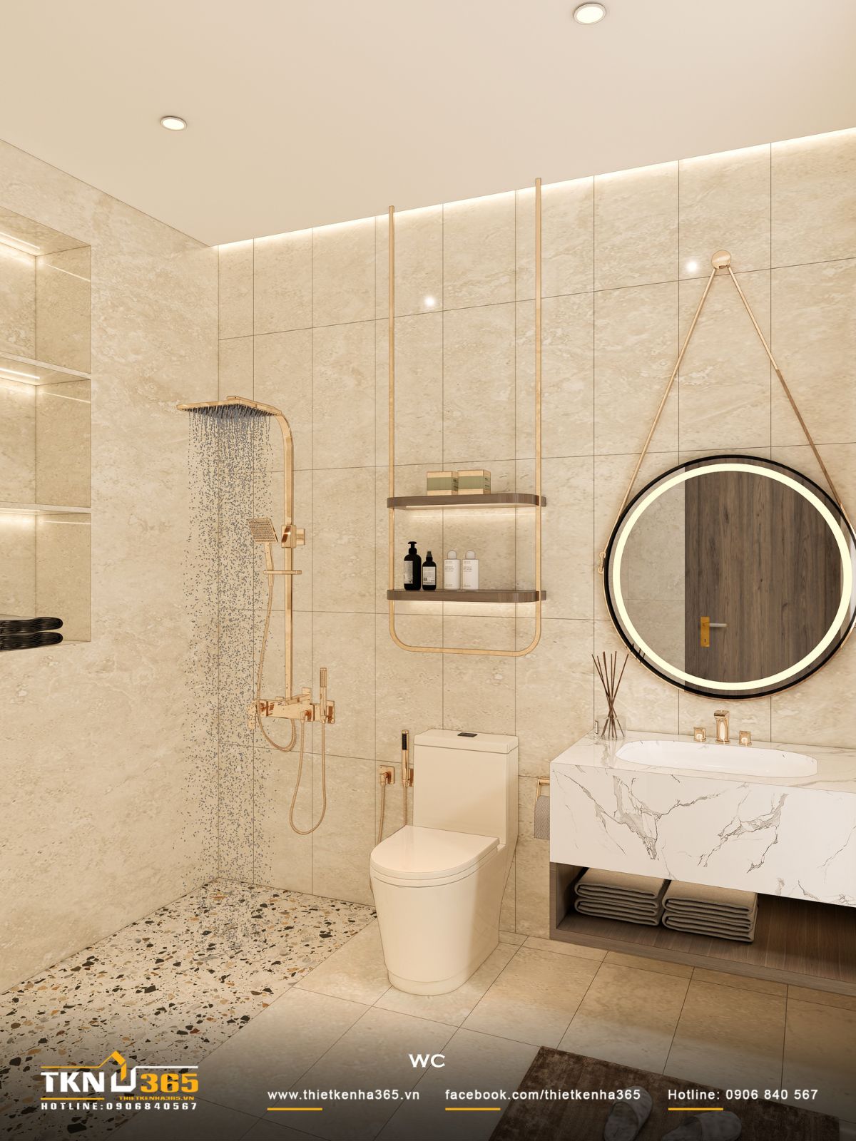 Khu tắm đứng được tách biệt rõ với sàn terrazzo, giúp đảm bảo khô ráo và dễ vệ sinh