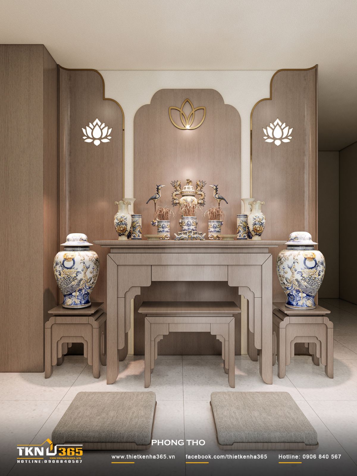 Không gian phòng thờ bố trí đối xứng với chất liệu gỗ ấm, kết hợp họa tiết hoa sen tạo nên tổng thể trang nghiêm và cân bằng