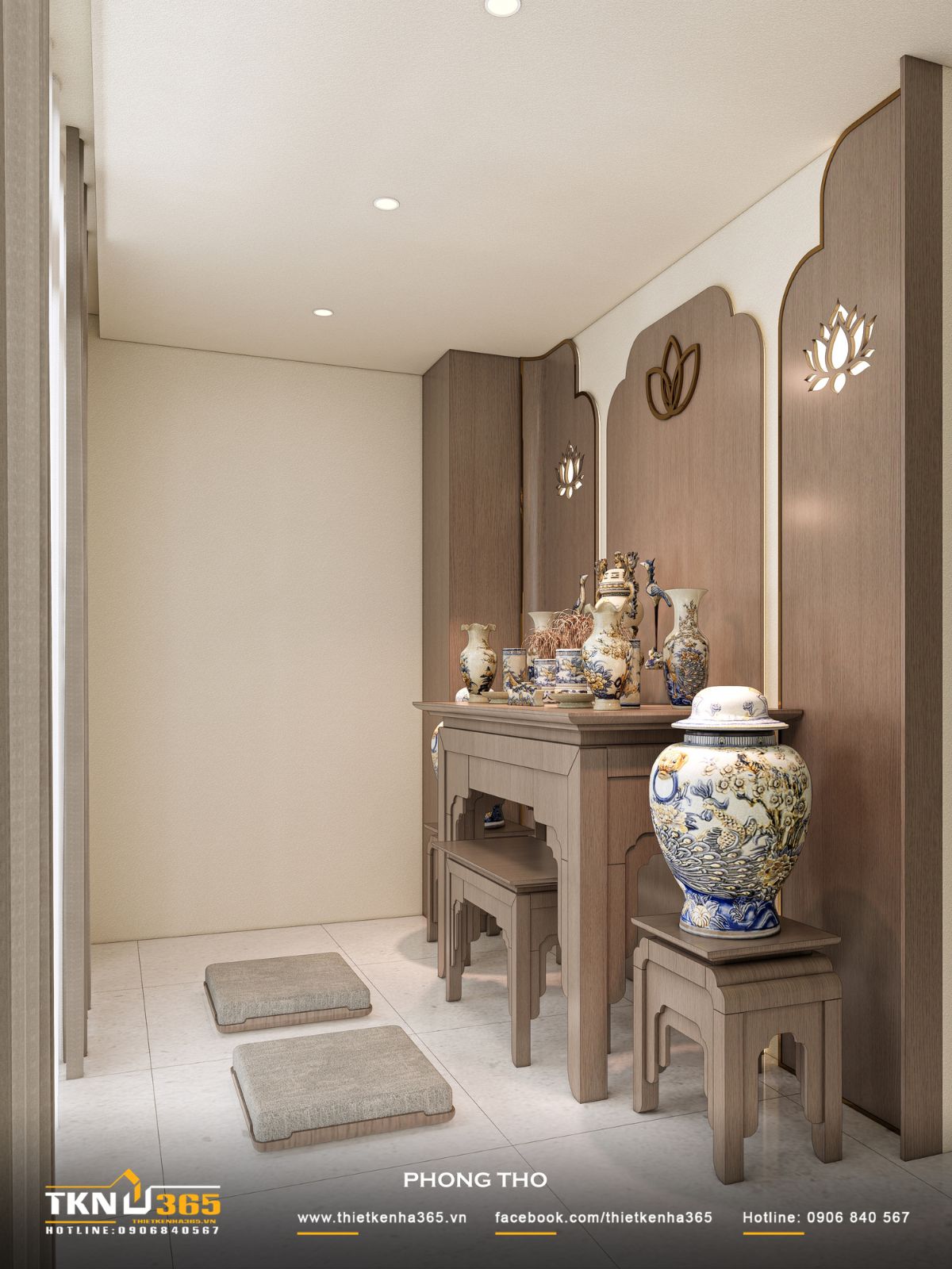 Các lớp vách bo cong phía sau bàn thờ tạo chiều sâu thị giác, giúp không gian trở nên mềm mại và bớt khô cứng